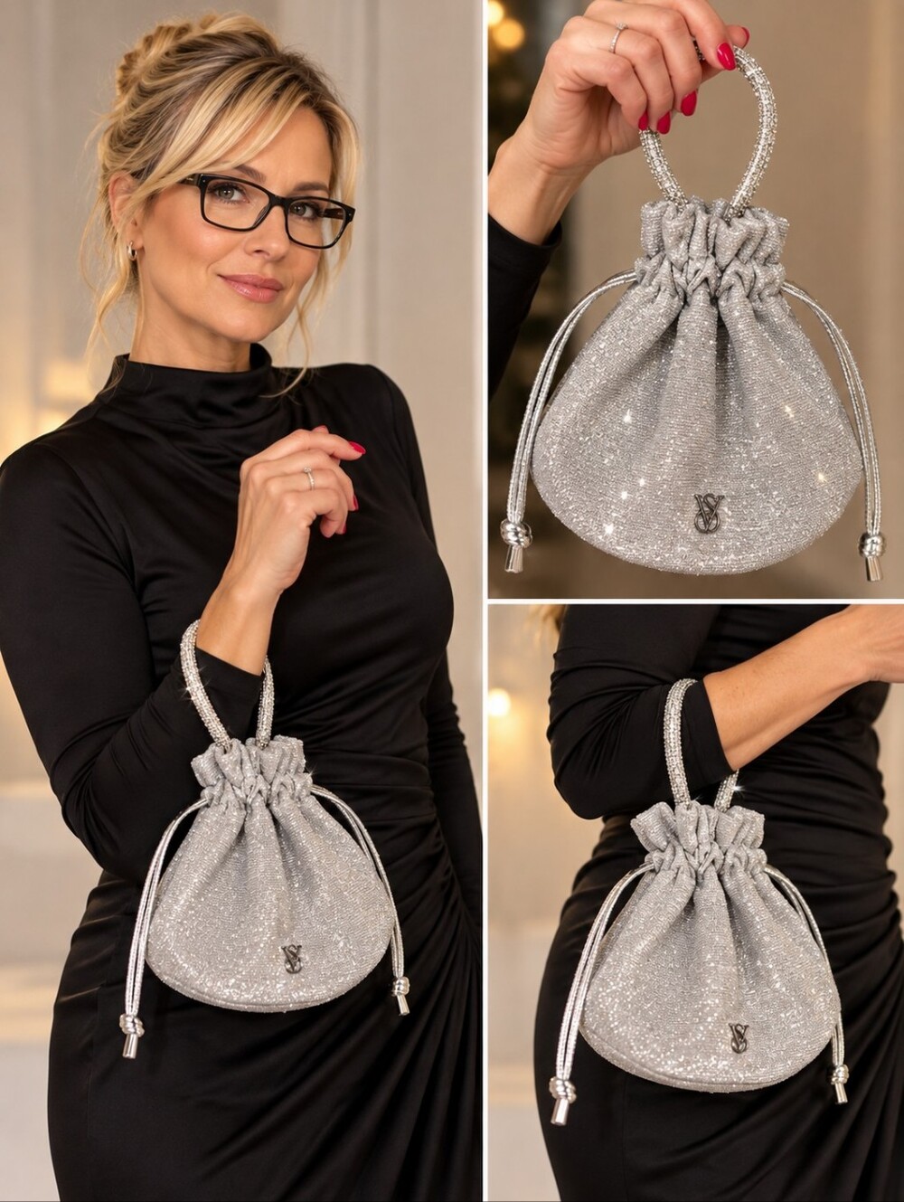 Victoria’s Secret Beautiful Silver Bag Bombshell Midnight Drawstring Bucket